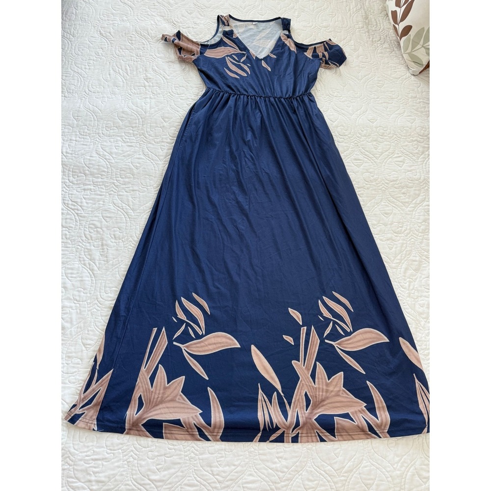 Navy Blue Cold Shoulder Tropical Floral Maxi Dress with‎ Pockets Medium NWOT
